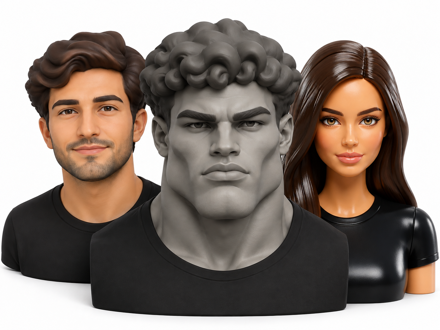 Trois bustes personnalisés : Portrait naturel, Sculpture iconique et Poupée chic.