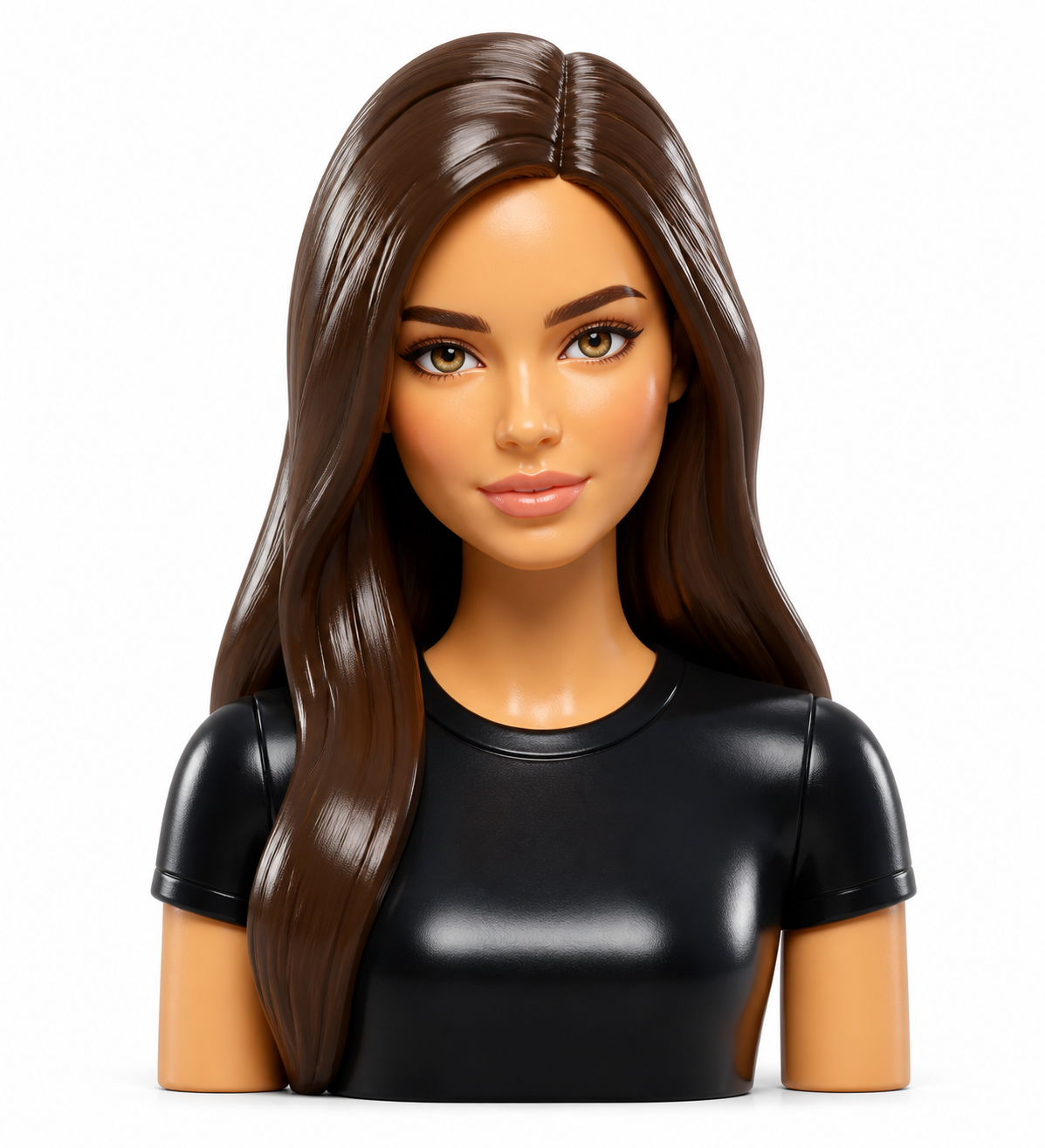 Buste de poupée aux cheveux longs bruns et à la tenue noire